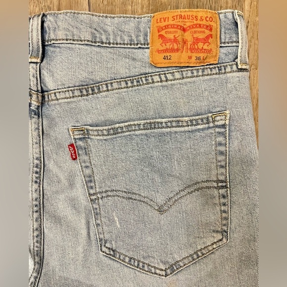 Levi's 412 Jean Shorts Jorts Men 36 W 8” Raw Hem Slim Stretch Denim 90s Y2K Blue - Picture 12 of 13